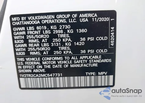 2021 Volkswagen Atlas 3.6L V6 Sel Premium z USA, uszkodzony, nr VIN 1V2TR2CA2MC547731